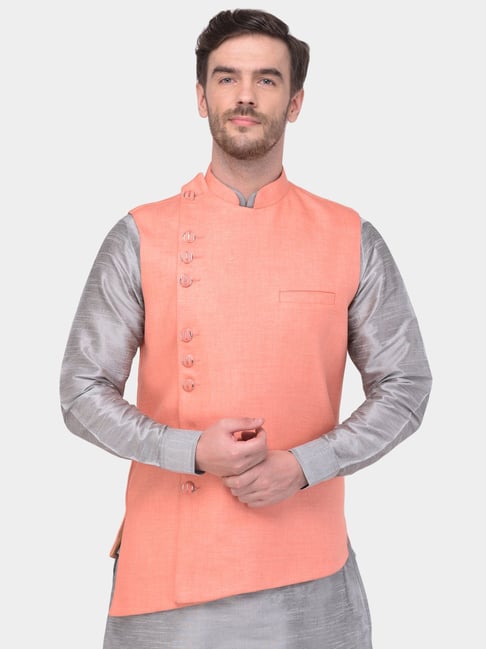 Light Beige Kurta With Peach Raw Silk Nehru Jacket – Curato