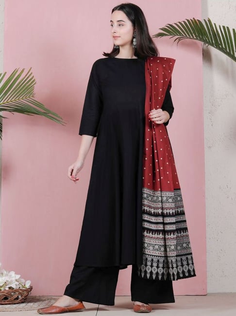 Rustorange Black Flared Kurta & Palazzo Set with Dupatta Price in India