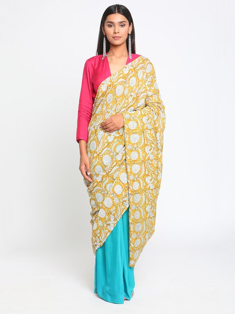 true Browns Yellow & Turquoise Printed Ready To Wear Saree Price in India