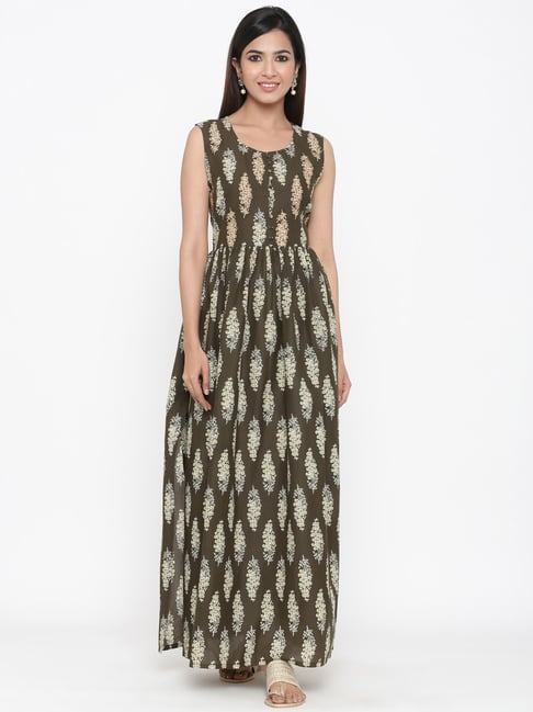 Kipek Green Cotton Printed A Line Kurta