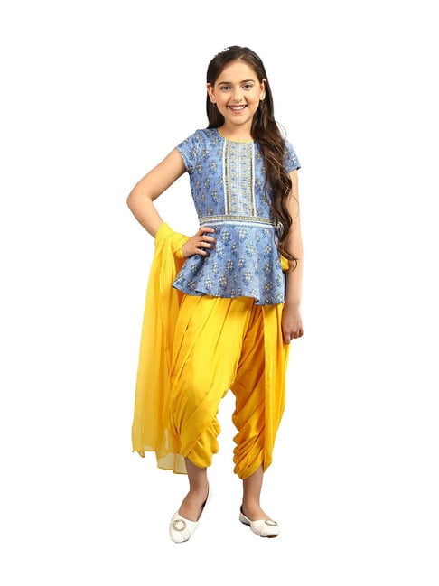 Aurelia Kids Blue & Yellow Printed Top, Salwar with Dupatta