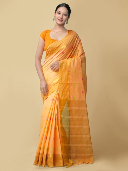 Unnati Silks Orange Pavani Mangalagiri Cotton Saree With Blouse Price in India