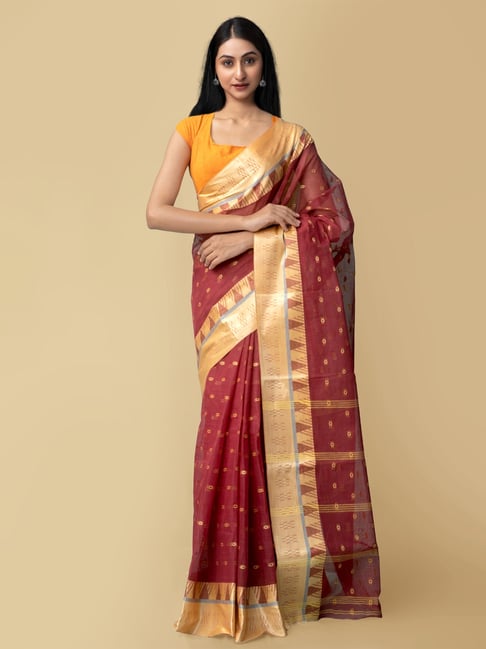 Unnati Silks Red Bengal Tant Cotton Saree With Blouse Price in India