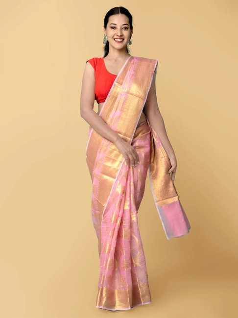 Unnati Silks Pink Kota Banarasi Saree With Blouse Price in India