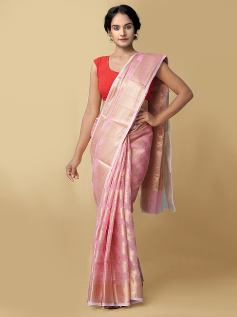 Unnati Silks Pink Kota Banarasi Saree With Blouse Price in India