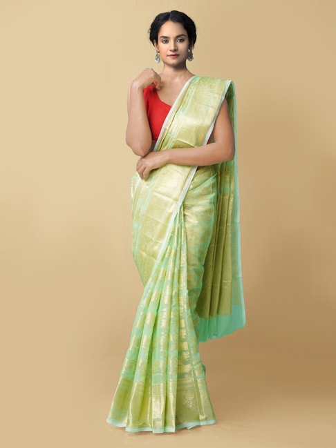 Unnati Silks Green Kota Banarasi Saree With Blouse Price in India
