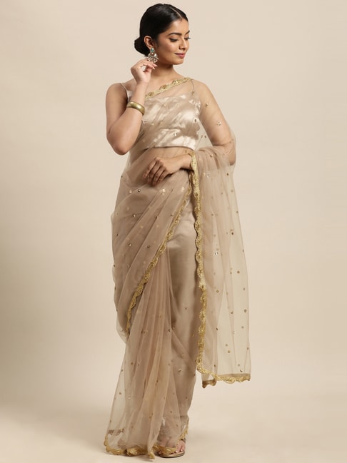 Janasya Beige Embellished Saree With Unstitched Blouse Price in India