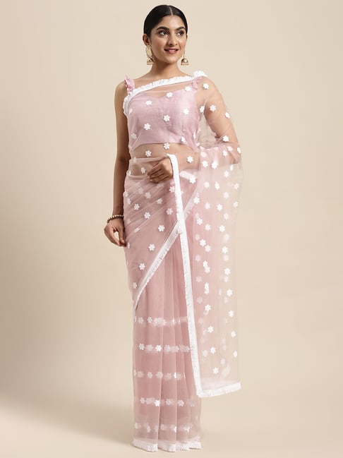 Janasya Pink Embroidered Saree With Unstitched Blouse Price in India