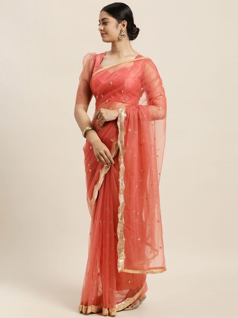 Janasya Pink Embellished Saree With Unstitched Blouse Price in India