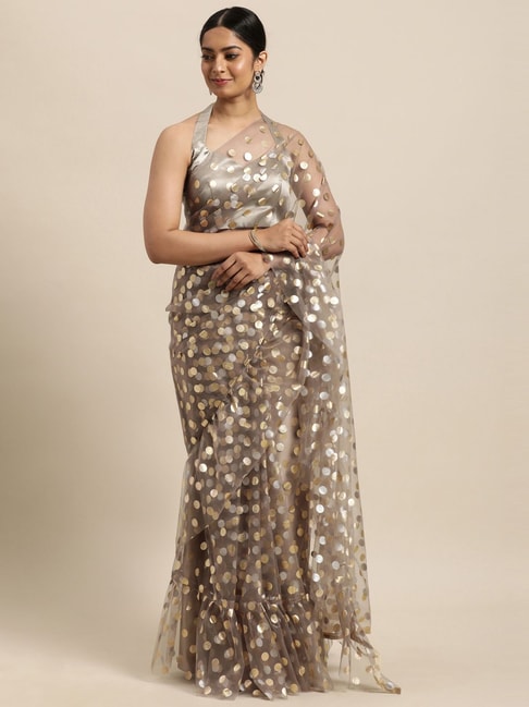Janasya Grey Printed Saree With Unstitched Blouse Price in India