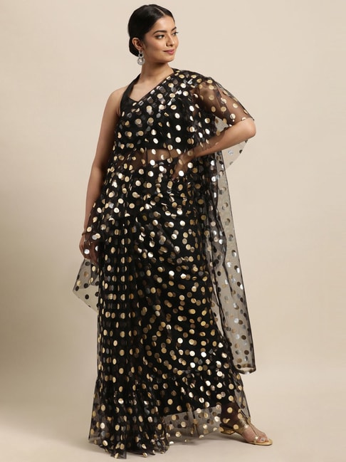 Janasya Black Printed Saree With Unstitched Blouse Price in India