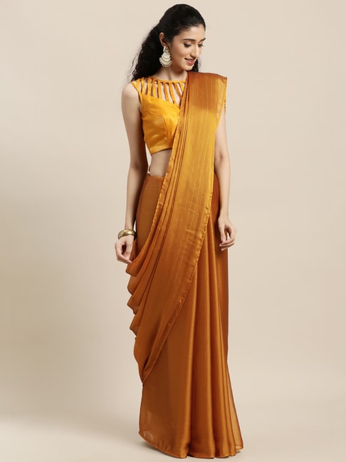 Janasya Yellow Striped Saree With Unstitched Blouse Price in India