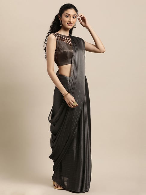 Janasya Grey Striped Saree With Unstitched Blouse Price in India