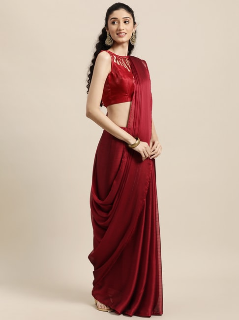 Janasya Maroon Striped Saree With Unstitched Blouse Price in India