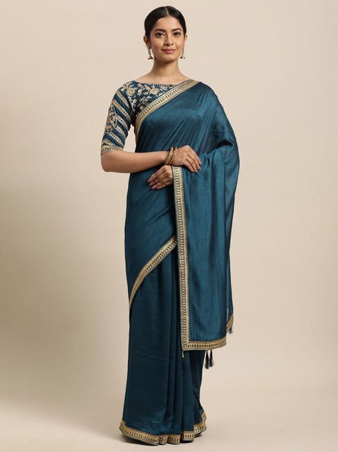 Janasya Blue Saree With Unstitched Blouse Price in India