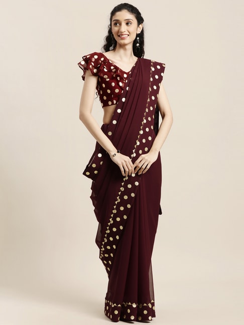 Janasya Maroon Printed Saree With Unstitched Blouse Price in India