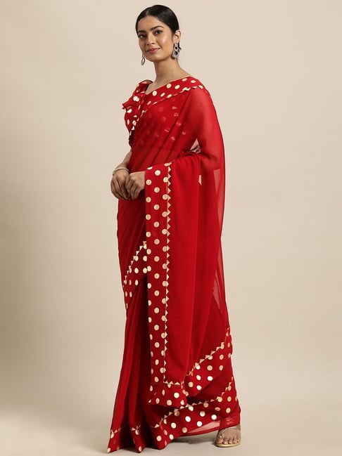 Janasya Red Printed Saree With Unstitched Blouse Price in India