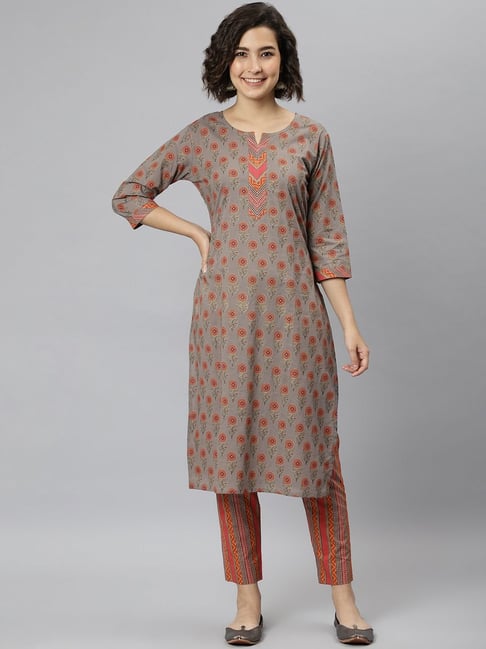 Janasya Grey & Pink Cotton Printed Kurta Pant Set With Dupatta