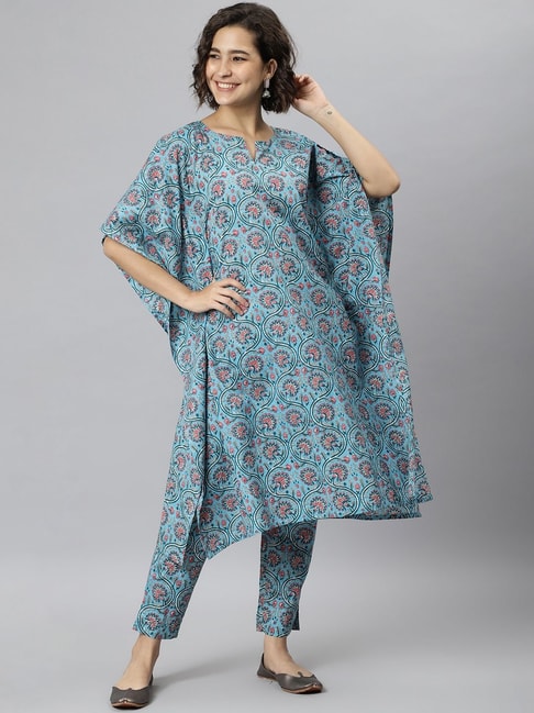 Janasya Blue Cotton Printed Kaftan Pant Set Price in India