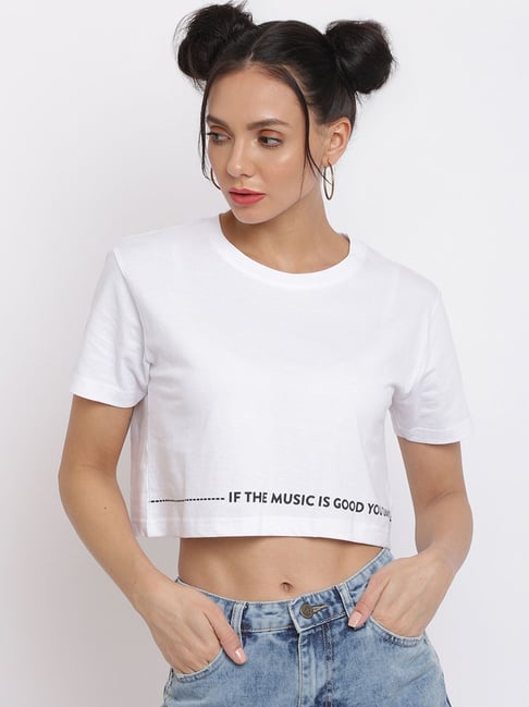 white graphic crop top