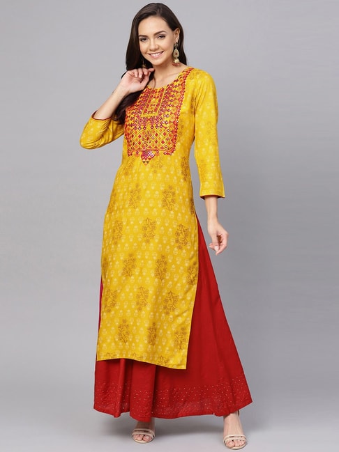 Anubhutee Yellow Embroidered Straight Kurta Price in India