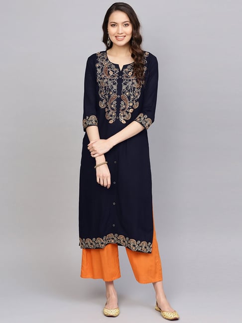 Anubhutee Navy Embroidered Straight Kurta Price in India