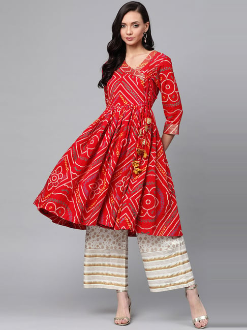 Anubhutee Red & White Printed Kurta Palazzo Set Price in India