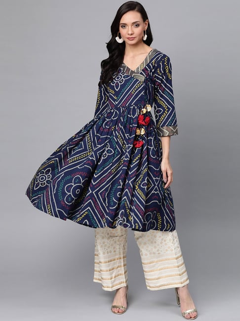 Anubhutee Navy & White Printed Kurta Palazzo Set Price in India