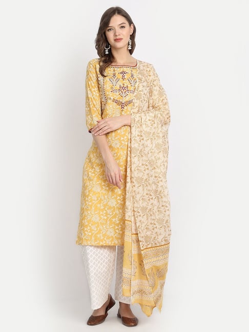 Anubhutee Yellow & White Embroidered Kurta Salwar Set With Dupatta Price in India