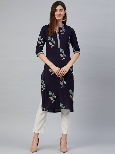 Anubhutee Navy Embroidered Straight Kurta Price in India