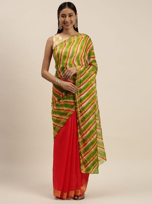 Geroo Jaipur Red Printed Saree With Blouse Price in India
