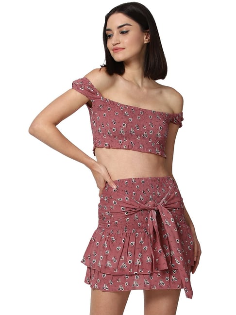 Forever 21 Pink Printed Crop Top With Skirt