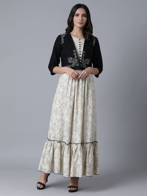 W Ecru Grey Floral Dress With Jacket Price in India