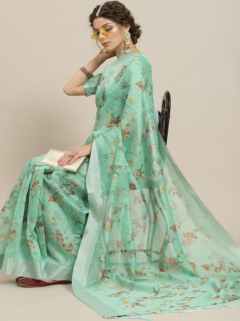 Aks Green Printed Saree Without Blouse Price in India
