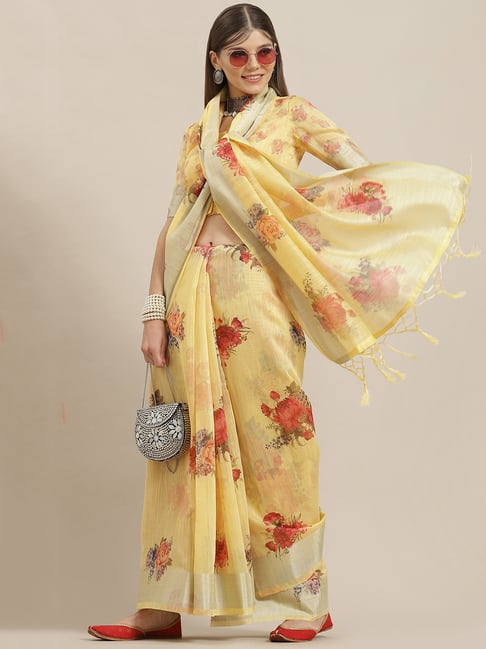 Aks Yellow Printed Saree Without Blouse