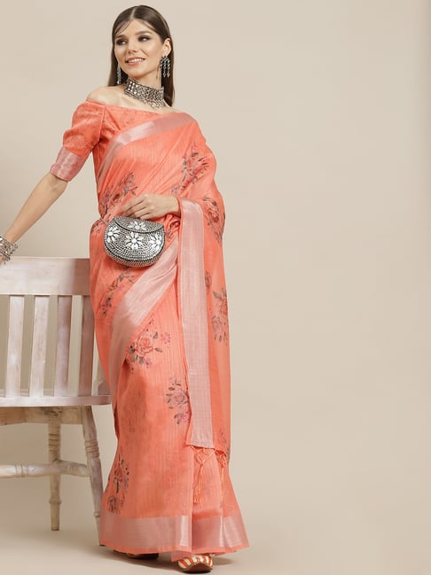 Aks Peach Printed Saree Without Blouse Price in India