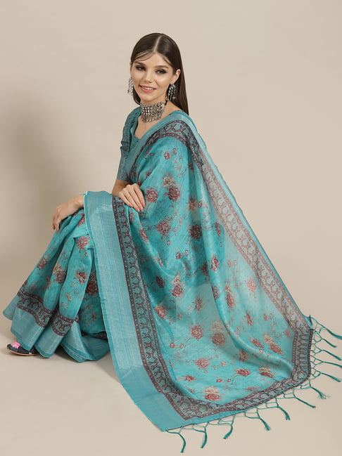 Aks Blue Printed Saree Without Blouse