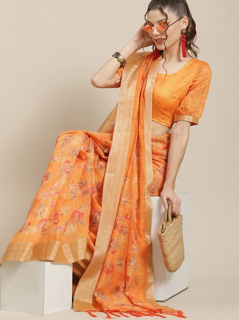 Aks Orange Printed Saree With Blouse Price in India