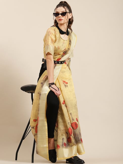 Aks Yellow Printed Saree Without Blouse