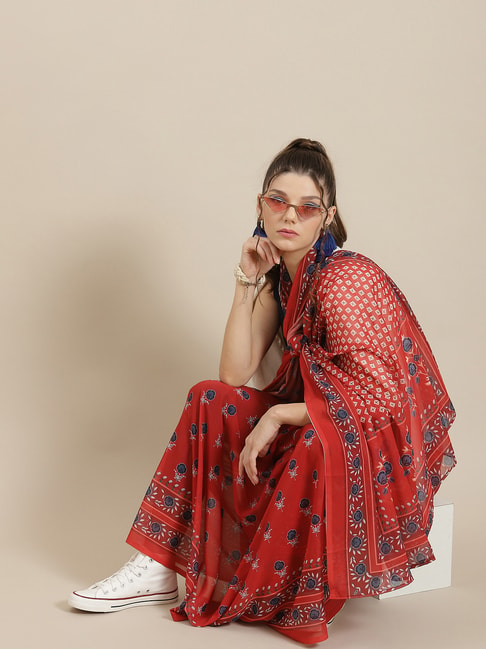 Aks Red Printed Saree Without Blouse Price in India