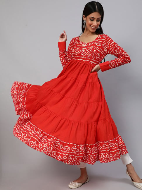 Aks Red Printed Flared Kurta