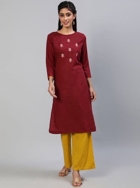 Aks Maroon Embroidered Straight Kurta