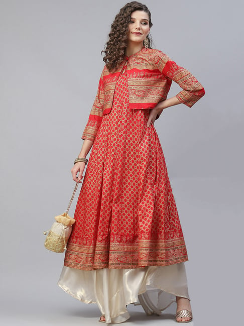 Aks Red Printed Fit & Flare Kurta With Jacket