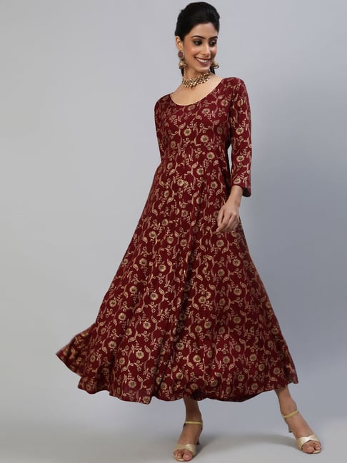 Aks Maroon Printed Maxi Dress Price in India
