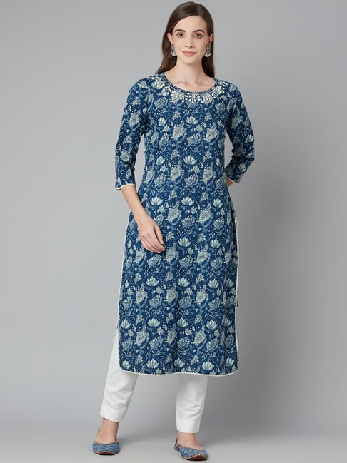 Divena Blue Cotton Embellished Straight Kurta-picture-47