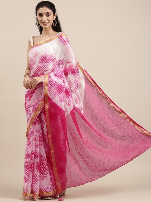 Geroo Jaipur Pink & White Printed Saree With Unstitched Blouse Price in India
