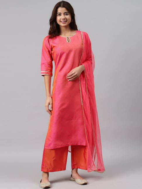 Gerua Pink Printed Kurta Palazzo Set With Dupatta