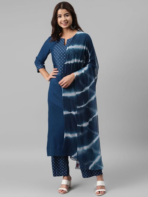 Gerua Blue & White Printed Kurta Palazzo Set With Dupatta