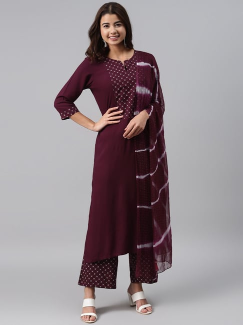 Gerua Maroon & White Printed Kurta Palazzo Set With Dupatta