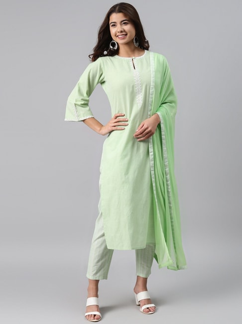Gerua Green Cotton Embroidered Kurta Pant Set With Dupatta Price in India